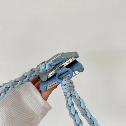 For iPhone 16 Plus Case Jean Cloth PU+PC Phone Back Cover with Braided Handy Strap, Dog Pattern