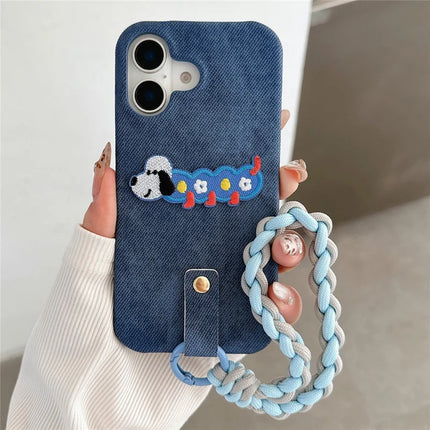 For iPhone 16 Plus Case Jean Cloth PU+PC Phone Back Cover with Braided Handy Strap, Dog Pattern - Dark Blue
