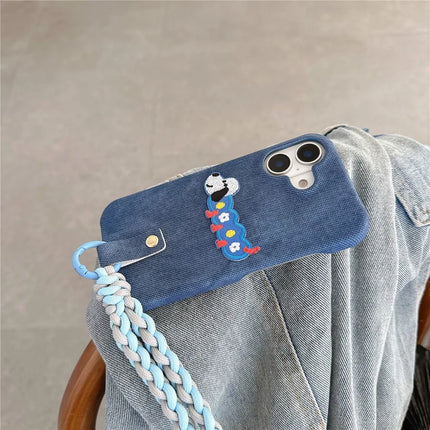 For iPhone 16 Plus Case Jean Cloth PU+PC Phone Back Cover with Braided Handy Strap, Dog Pattern