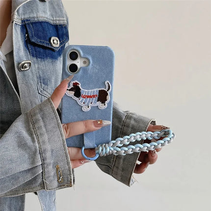 For iPhone 16 Plus Case Jean Cloth PU+PC Phone Back Cover with Braided Handy Strap, Dog Pattern