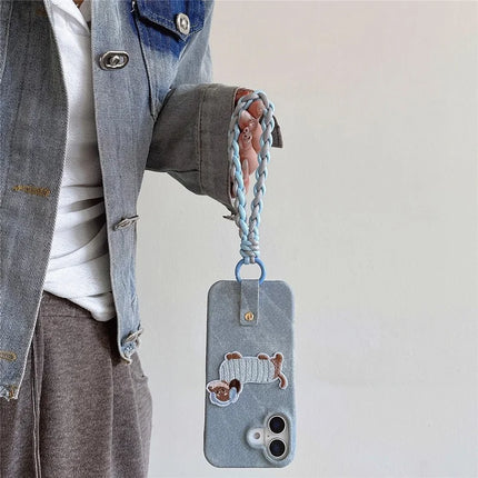 For iPhone 16 Plus Case Jean Cloth PU+PC Phone Back Cover with Braided Handy Strap, Dog Pattern