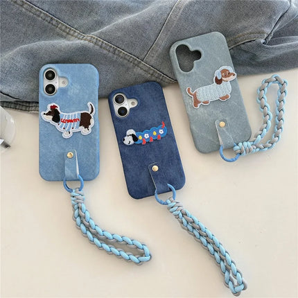 For iPhone 16 Plus Case Jean Cloth PU+PC Phone Back Cover with Braided Handy Strap, Dog Pattern