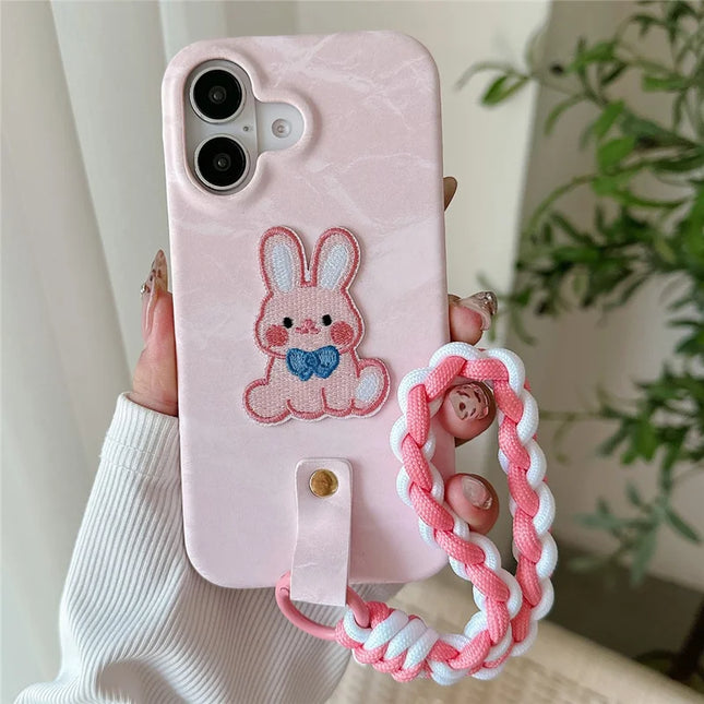 For iPhone 16 Case Cute Pattern Soft PU+PC Phone Back Cover with Braided Handy Strap - Pink Rabbit