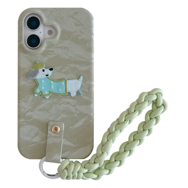 For iPhone 16 Plus Case Cute Pattern Soft PU+PC Phone Back Cover with Braided Handy Strap - Lihgt Green Dog