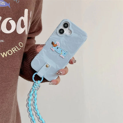 For iPhone 16 Plus Case Cute Pattern Soft PU+PC Phone Back Cover with Braided Handy Strap