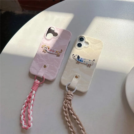For iPhone 16 Plus Case Cute Pattern Soft PU+PC Phone Back Cover with Braided Handy Strap