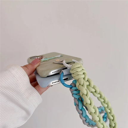 For iPhone 16 Plus Case Cute Pattern Soft PU+PC Phone Back Cover with Braided Handy Strap