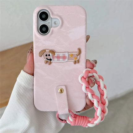 For iPhone 16 Plus Case Cute Pattern Soft PU+PC Phone Back Cover with Braided Handy Strap - Pink Dog