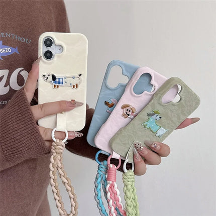 For iPhone 16 Plus Case Cute Pattern Soft PU+PC Phone Back Cover with Braided Handy Strap