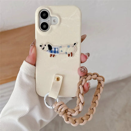 For iPhone 16 Plus Case Cute Pattern Soft PU+PC Phone Back Cover with Braided Handy Strap - Apricot Dog