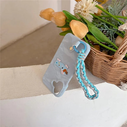 For iPhone 16 Plus Case Cute Pattern Soft PU+PC Phone Back Cover with Braided Handy Strap