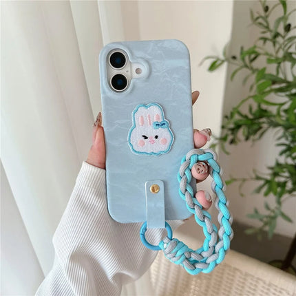 For iPhone 16 Plus Case Cute Pattern Soft PU+PC Phone Back Cover with Braided Handy Strap