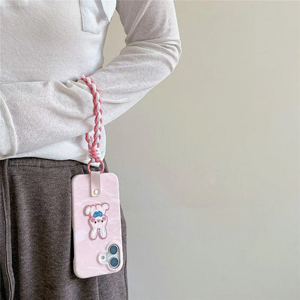 For iPhone 16 Plus Case Cute Pattern Soft PU+PC Phone Back Cover with Braided Handy Strap