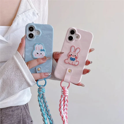 For iPhone 16 Plus Case Cute Pattern Soft PU+PC Phone Back Cover with Braided Handy Strap