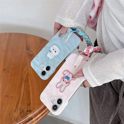 For iPhone 16 Plus Case Cute Pattern Soft PU+PC Phone Back Cover with Braided Handy Strap