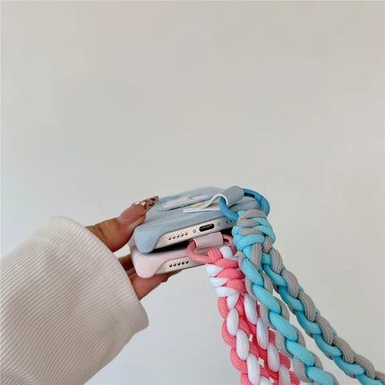 For iPhone 16 Plus Case Cute Pattern Soft PU+PC Phone Back Cover with Braided Handy Strap