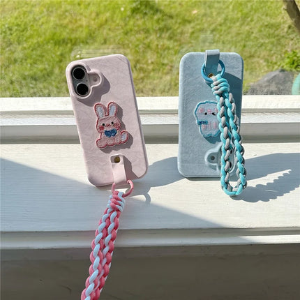 For iPhone 16 Plus Case Cute Pattern Soft PU+PC Phone Back Cover with Braided Handy Strap