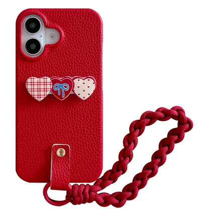 For iPhone 16 Plus Case Christmas Design PU+PC Phone Back Cover with Heart Kickstand, Strap