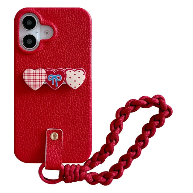 For iPhone 16 Plus Case Christmas Design PU+PC Phone Back Cover with Heart Kickstand, Strap