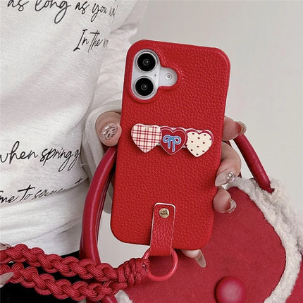 For iPhone 16 Plus Case Christmas Design PU+PC Phone Back Cover with Heart Kickstand, Strap