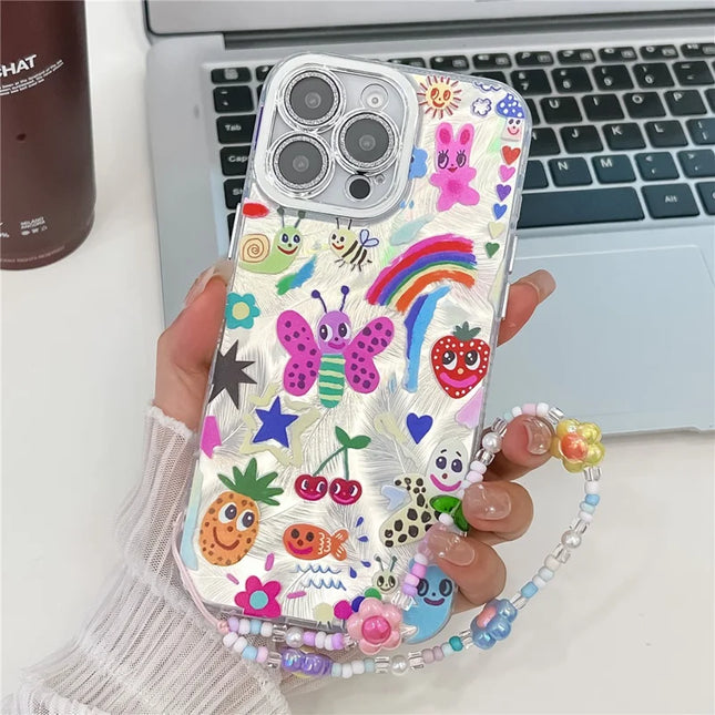 For iPhone 16 Pro Case IMD Cartoon PC+TPU Back Cover with Glass Lens Film, Beaded Strap - MK2