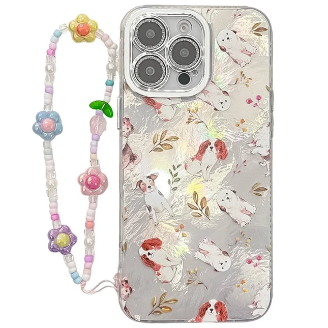 For iPhone 16 Pro Max Case IMD Cartoon PC+TPU Back Cover with Glass Lens Film, Beaded Strap - MK3