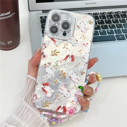 For iPhone 16 Pro Max Case IMD Cartoon PC+TPU Back Cover with Glass Lens Film, Beaded Strap