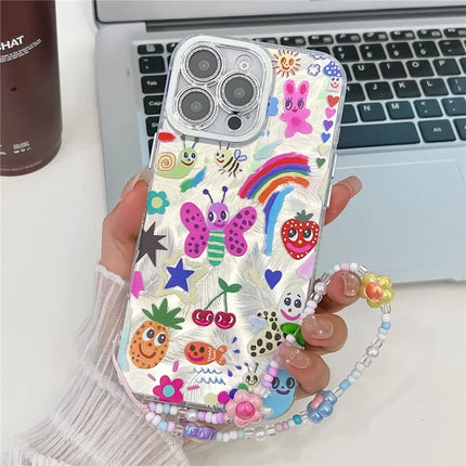 For iPhone 16 Pro Max Case IMD Cartoon PC+TPU Back Cover with Glass Lens Film, Beaded Strap - MK2