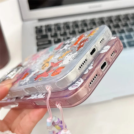 For iPhone 16 Pro Max Case IMD Cartoon PC+TPU Back Cover with Glass Lens Film, Beaded Strap