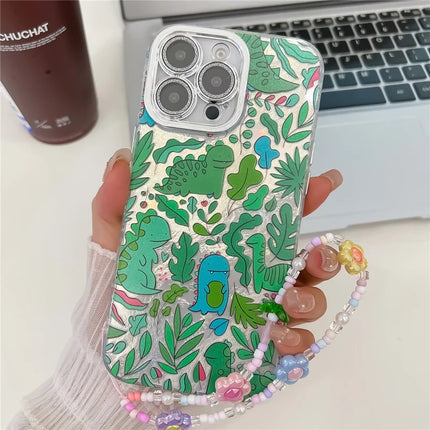 For iPhone 16 Pro Max Case IMD Cartoon PC+TPU Back Cover with Glass Lens Film, Beaded Strap - MK1