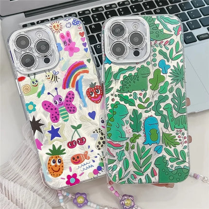 For iPhone 16 Pro Max Case IMD Cartoon PC+TPU Back Cover with Glass Lens Film, Beaded Strap