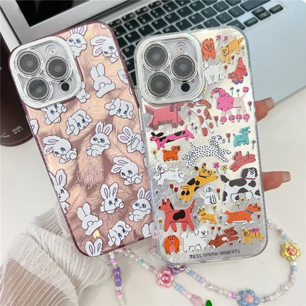 For iPhone 16 Pro Max Case IMD Cartoon PC+TPU Back Cover with Glass Lens Film, Beaded Strap