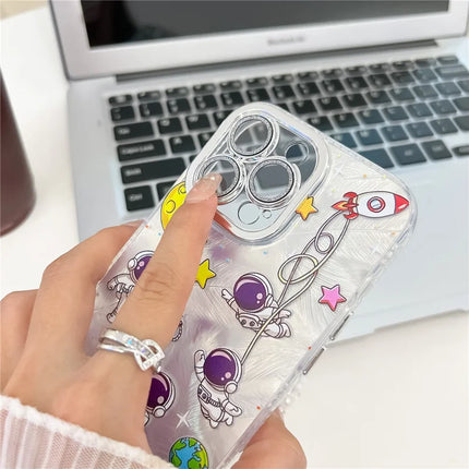 For iPhone 16 Pro Max Case IMD Cartoon PC+TPU Back Cover with Glass Lens Film, Beaded Strap
