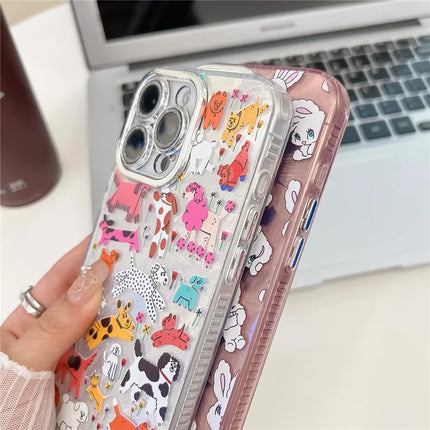 For iPhone 16 Pro Max Case IMD Cartoon PC+TPU Back Cover with Glass Lens Film, Beaded Strap