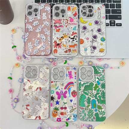 For iPhone 16 Pro Max Case IMD Cartoon PC+TPU Back Cover with Glass Lens Film, Beaded Strap