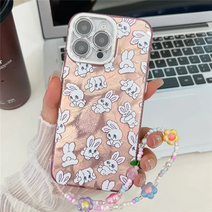 For iPhone 16 Pro Max Case IMD Cartoon PC+TPU Back Cover with Glass Lens Film, Beaded Strap - MK5