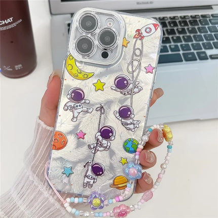 For iPhone 16 Pro Max Case IMD Cartoon PC+TPU Back Cover with Glass Lens Film, Beaded Strap - MK4