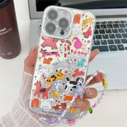 For iPhone 16 Pro Max Case IMD Cartoon PC+TPU Back Cover with Glass Lens Film, Beaded Strap - MK6