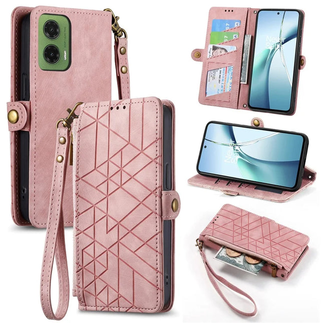For Motorola Moto G35 5G Zipper Wallet Case Geometry Lines Leather Phone Cover with Strap - Pink