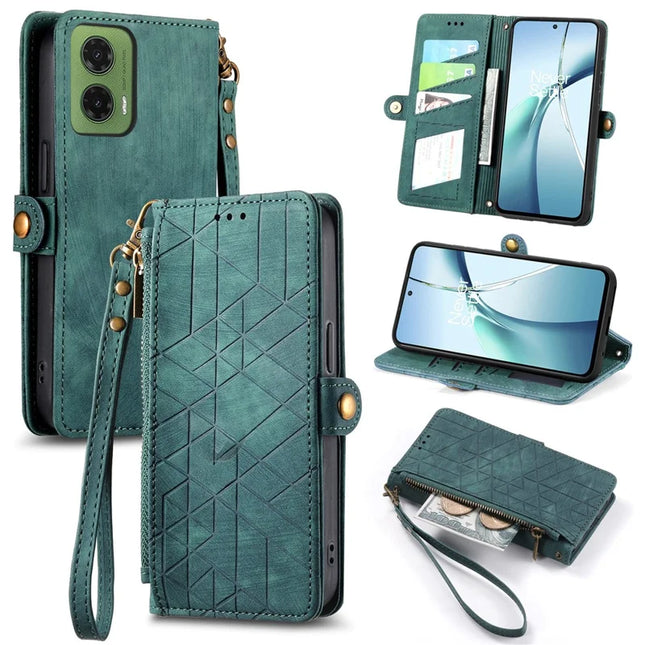 For Motorola Moto G35 5G Zipper Wallet Case Geometry Lines Leather Phone Cover with Strap - Green