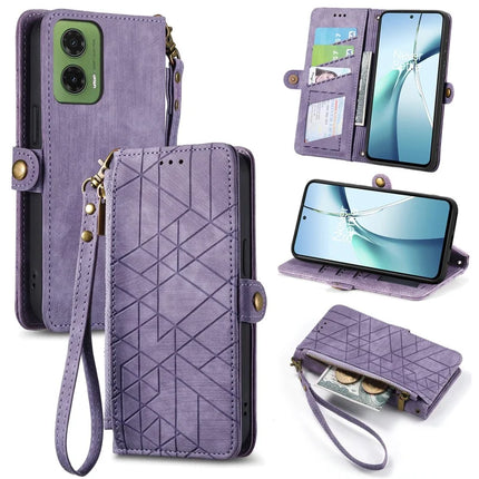 For Motorola Moto G35 5G Zipper Wallet Case Geometry Lines Leather Phone Cover with Strap - Light Purple