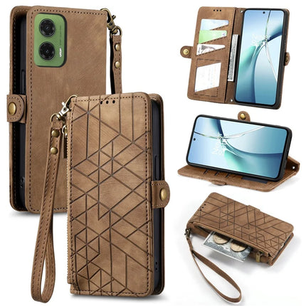 For Motorola Moto G35 5G Zipper Wallet Case Geometry Lines Leather Phone Cover with Strap - Brown