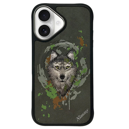 NIMMY For iPhone 16 Case Embroidery Pattern Anti-Scratch Phone Cover - Night Wolf