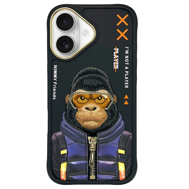 NIMMY For iPhone 16 Case Embroidery Protective Phone Cover - Black Gorilla