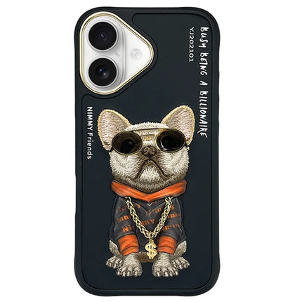 NIMMY for iPhone 16 Case Embroidery PU Leather+PC+TPU Phone Cover - Black Pug Dog
