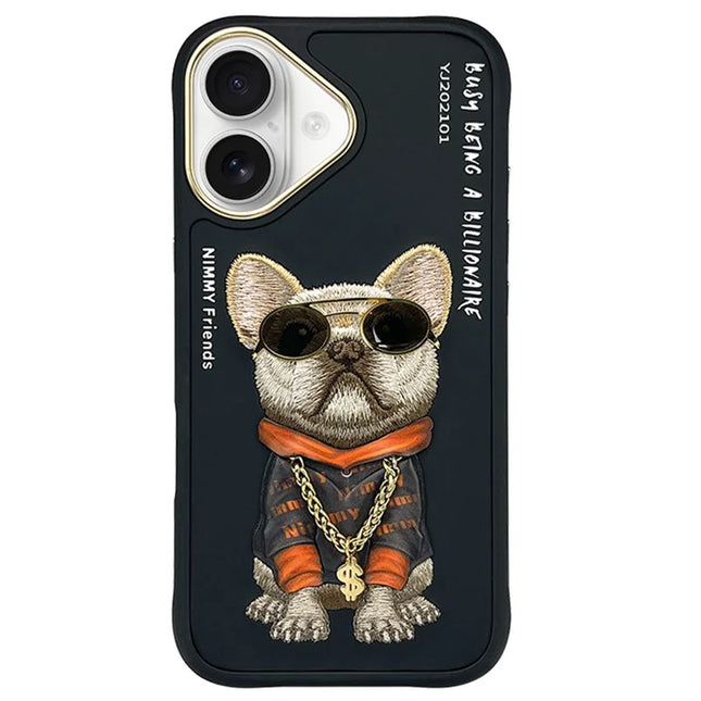 NIMMY for iPhone 16 Case Embroidery PU Leather+PC+TPU Phone Cover - Black Pug Dog