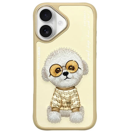 NIMMY for iPhone 16 Case Embroidery PU Leather+PC+TPU Phone Cover - Yellow Teddy Dog