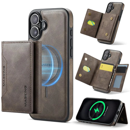 MAGKING K2 Series For iPhone 16 Plus Case Compatible with MagSafe PC+TPU+PU Phone Cover - Coffee