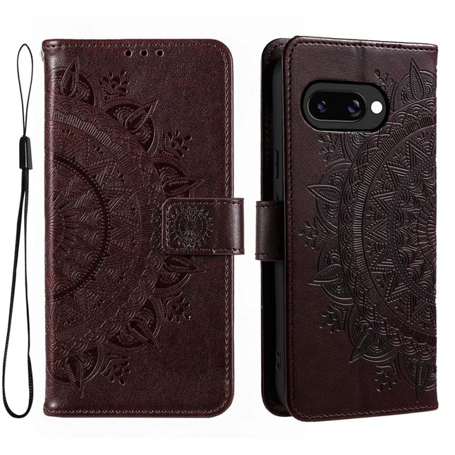 For Google Pixel 9a Case Imprinted Totem PU Leather Wallet Stand Phone Cover - Brown