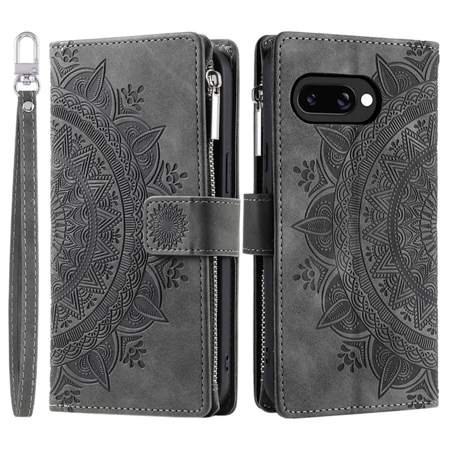 Style 006 For Google Pixel 9a Phone Case Mandala Flower Pattern PU Leather Zipper Wallet Stand Cover - Grey